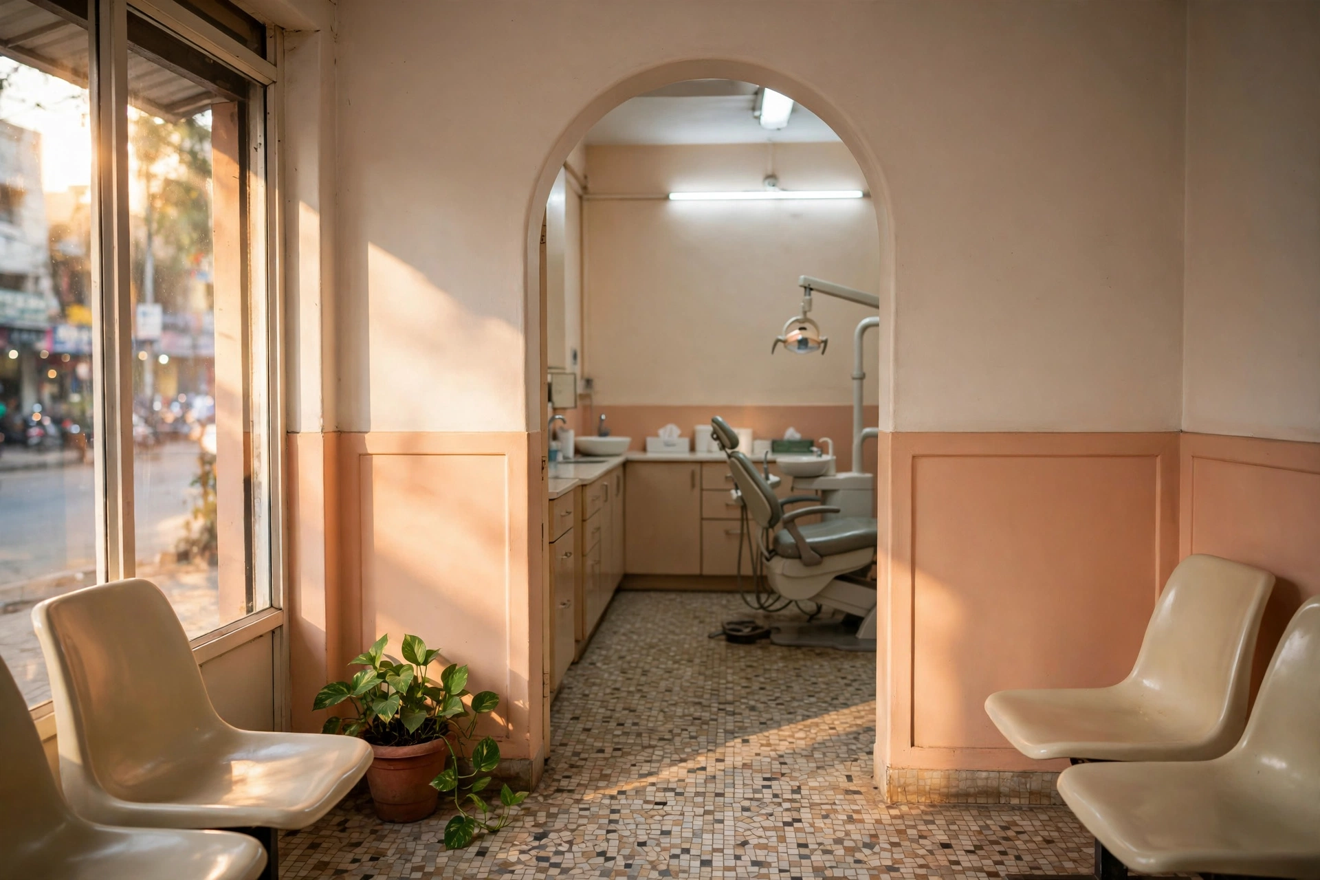 Through the rounded arch at Dental Specialists — the waiting chairs, afternoon light, and the treatment room beyond