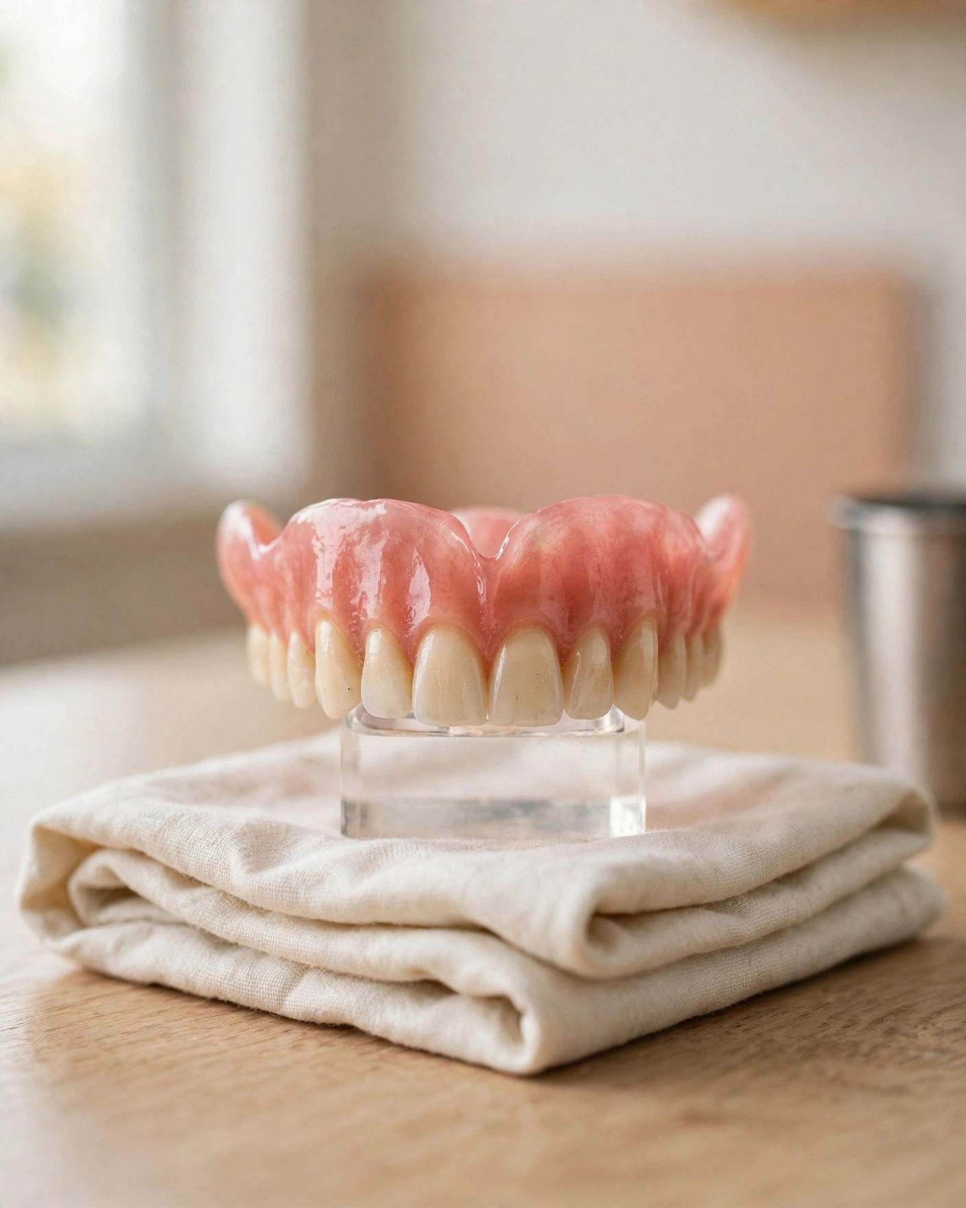 A full denture resting on a stand on the consultation desk