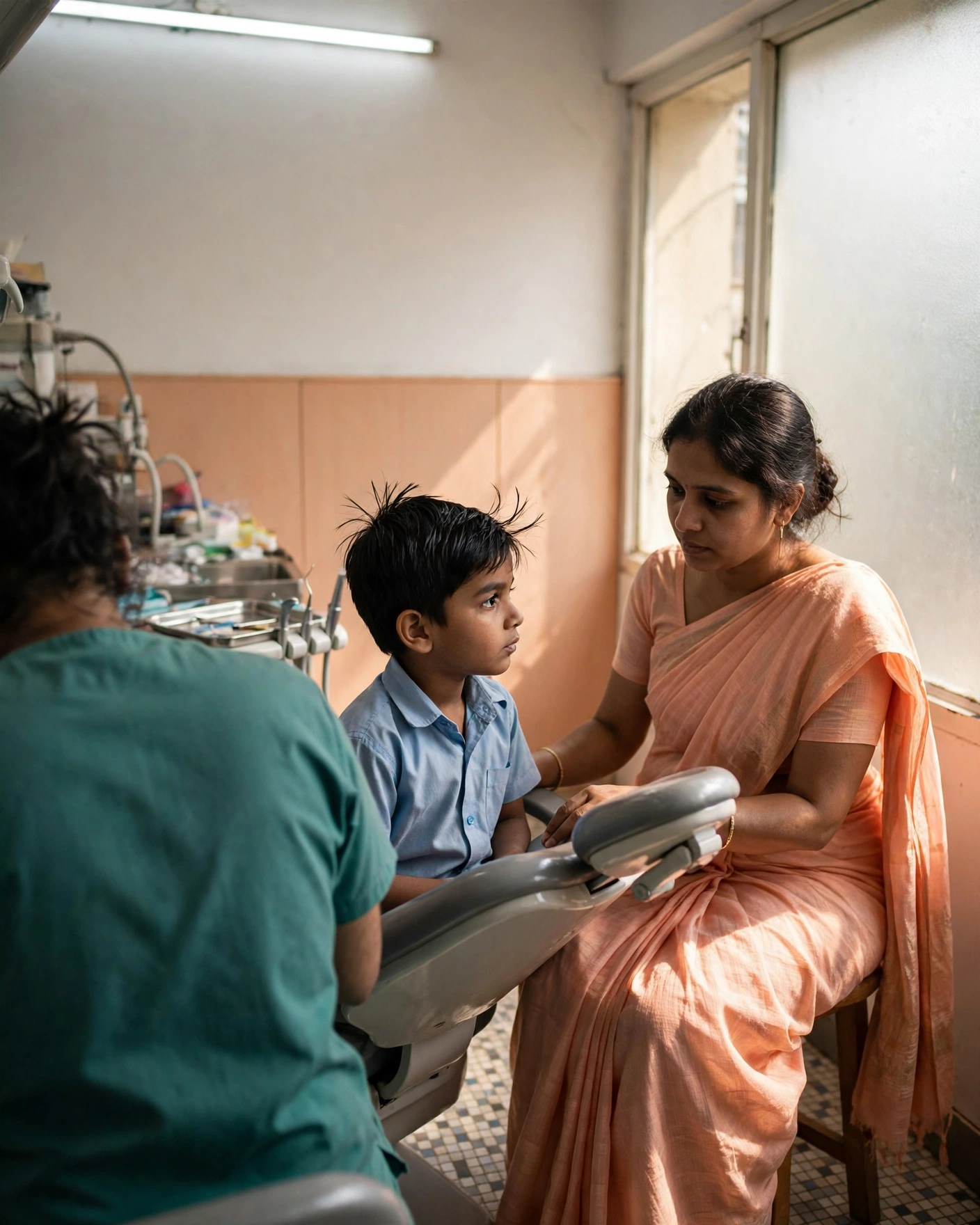 A young patient in the dental chair with his mother seated beside him