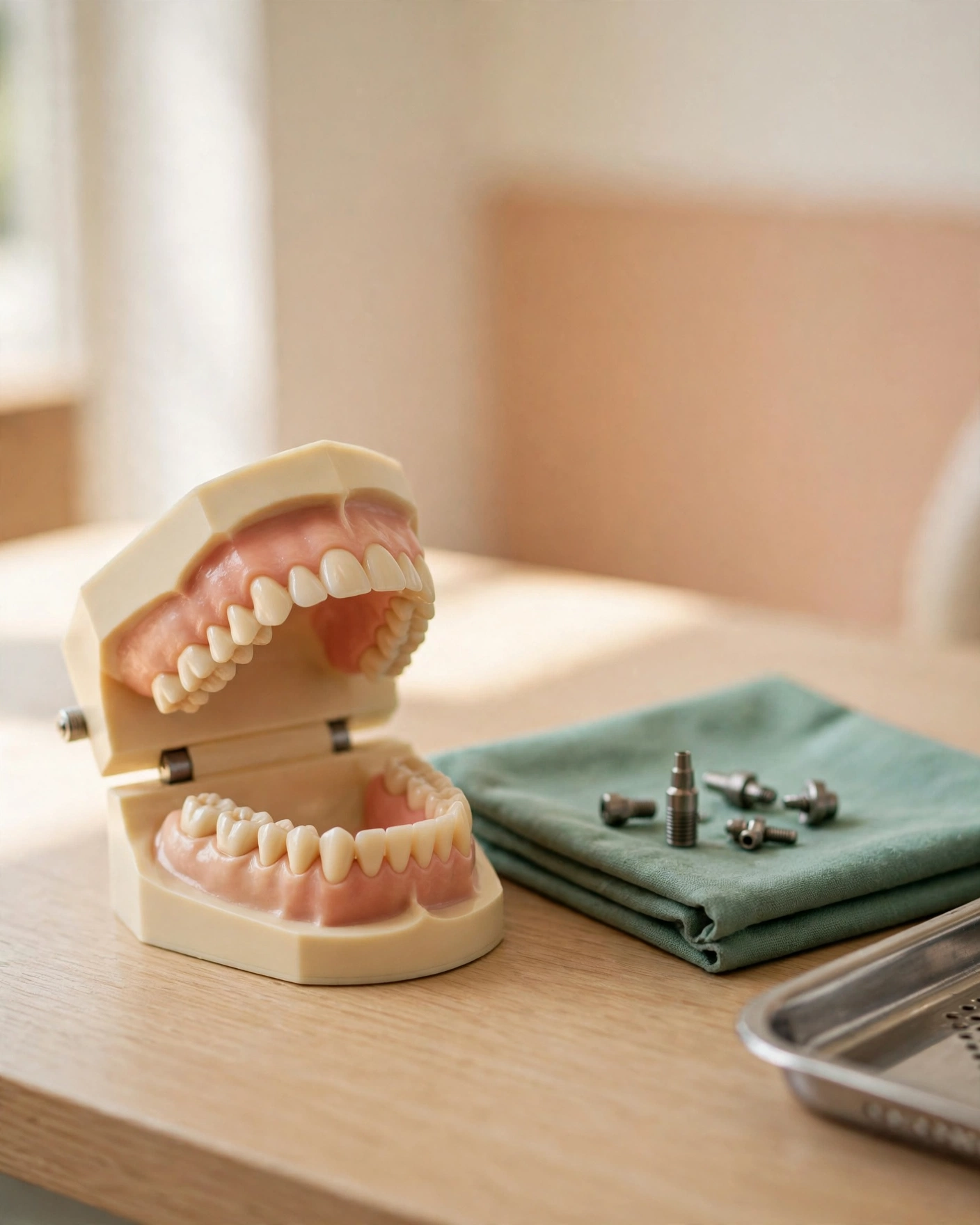 A jaw model and implant fixtures on the consultation desk at Dental Specialists