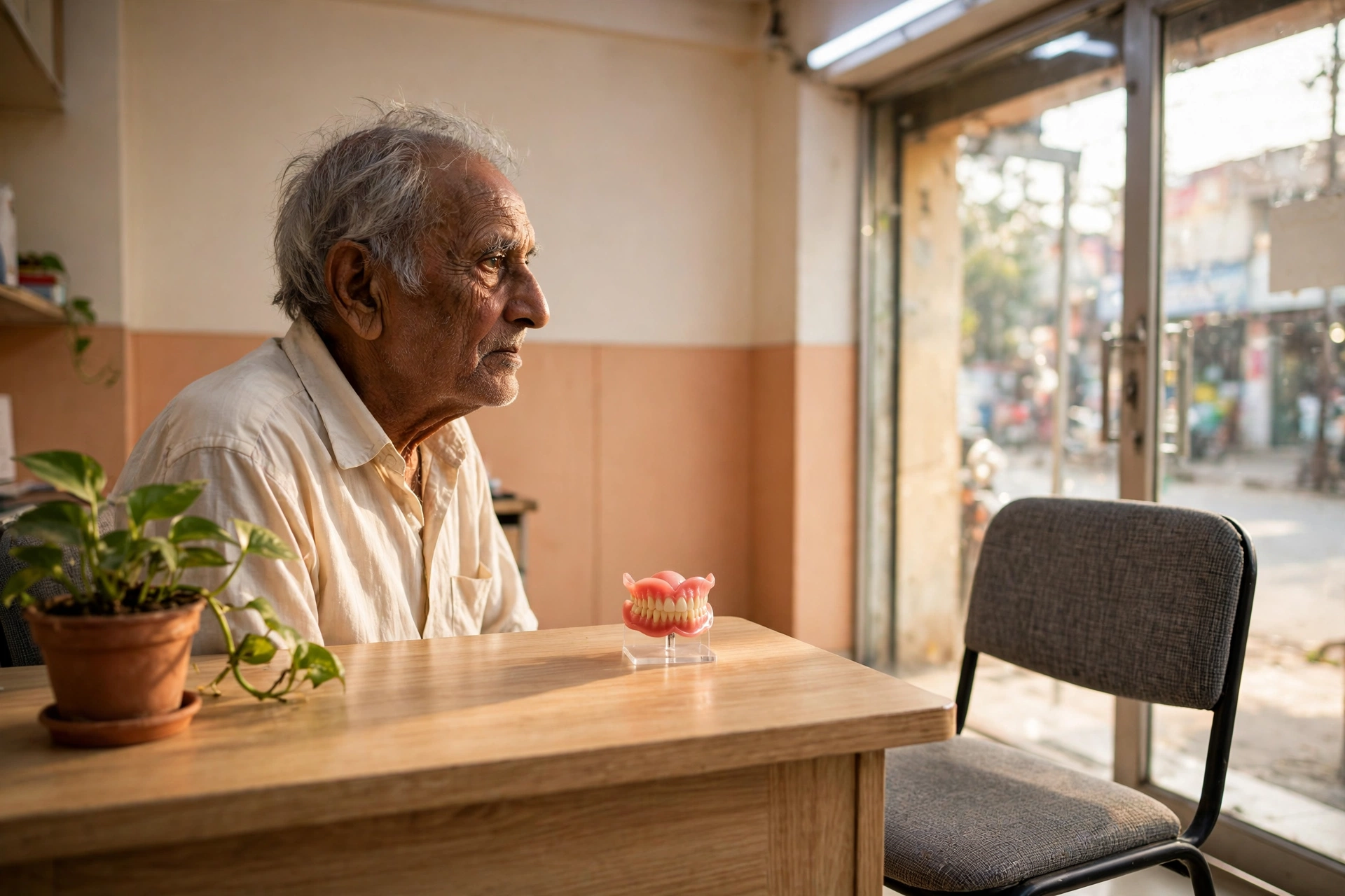 A patient at the consultation desk at Dental Specialists, looking at a denture model with the clinic's glass front behind
