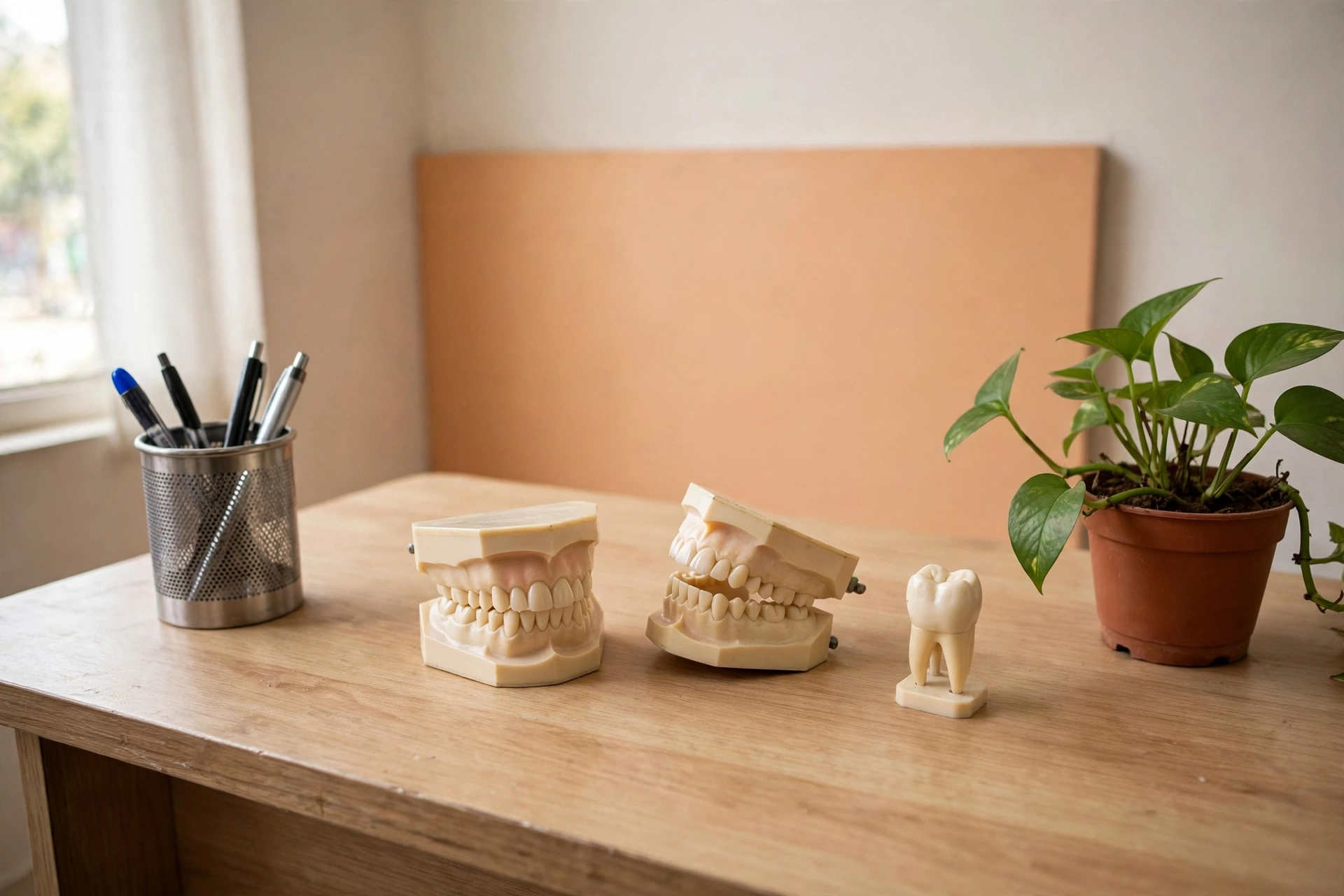 Jaw models and a single tooth model on the consultation desk, used to explain treatment before it begins