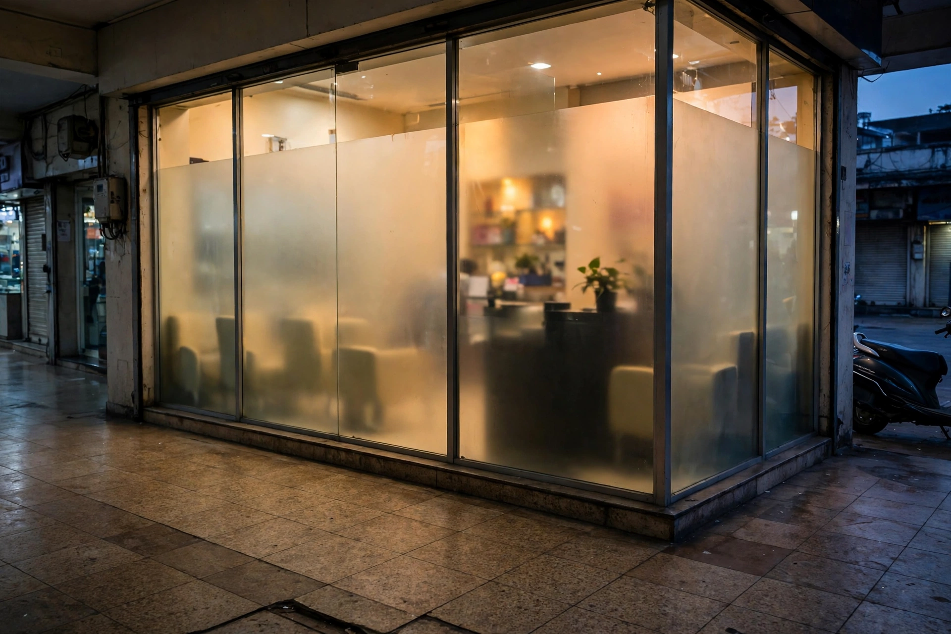 The frosted glass front of the clinic glowing in the early evening, a scooter parked outside