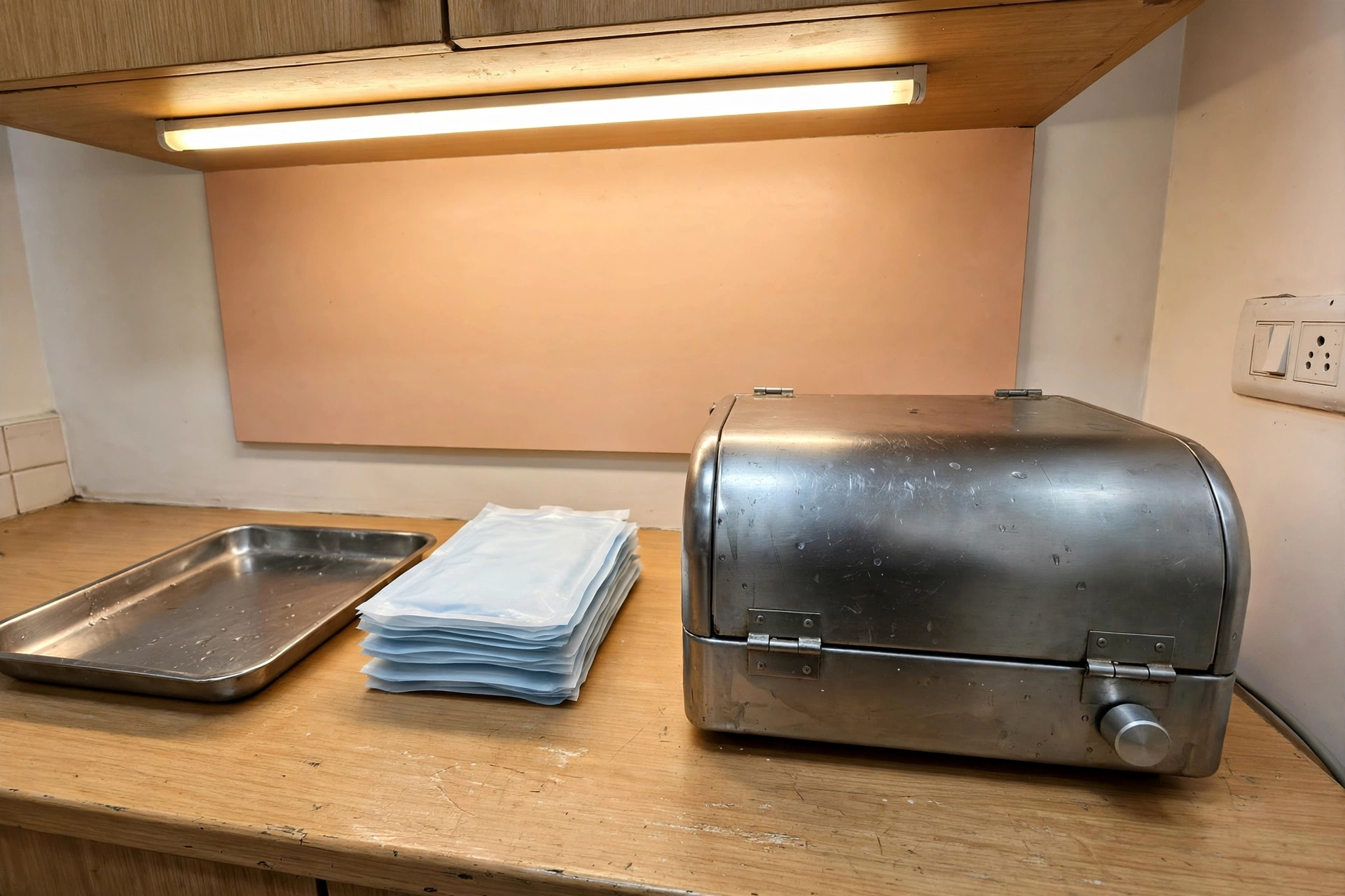Sealed sterile pouches stacked beside the closed steel steriliser under the cabinet light