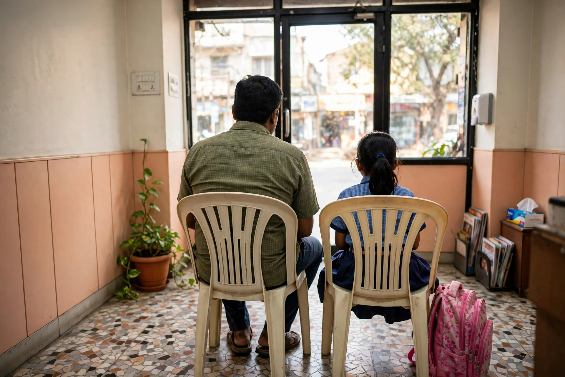 A father and his daughter waiting by the glass front, her school bag beside the chair