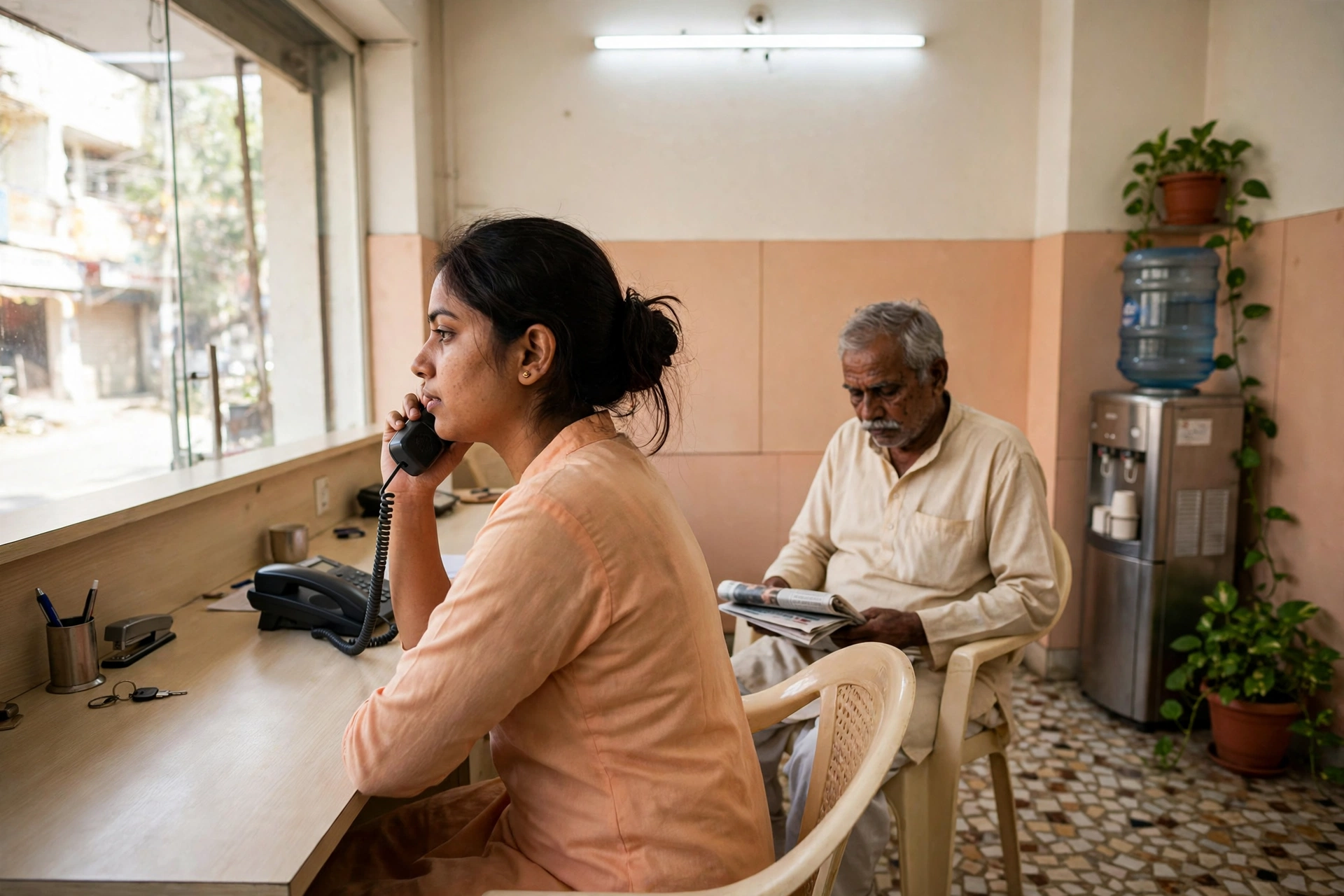 The front desk at Dental Specialists — a call being taken while a patient waits with his newspaper
